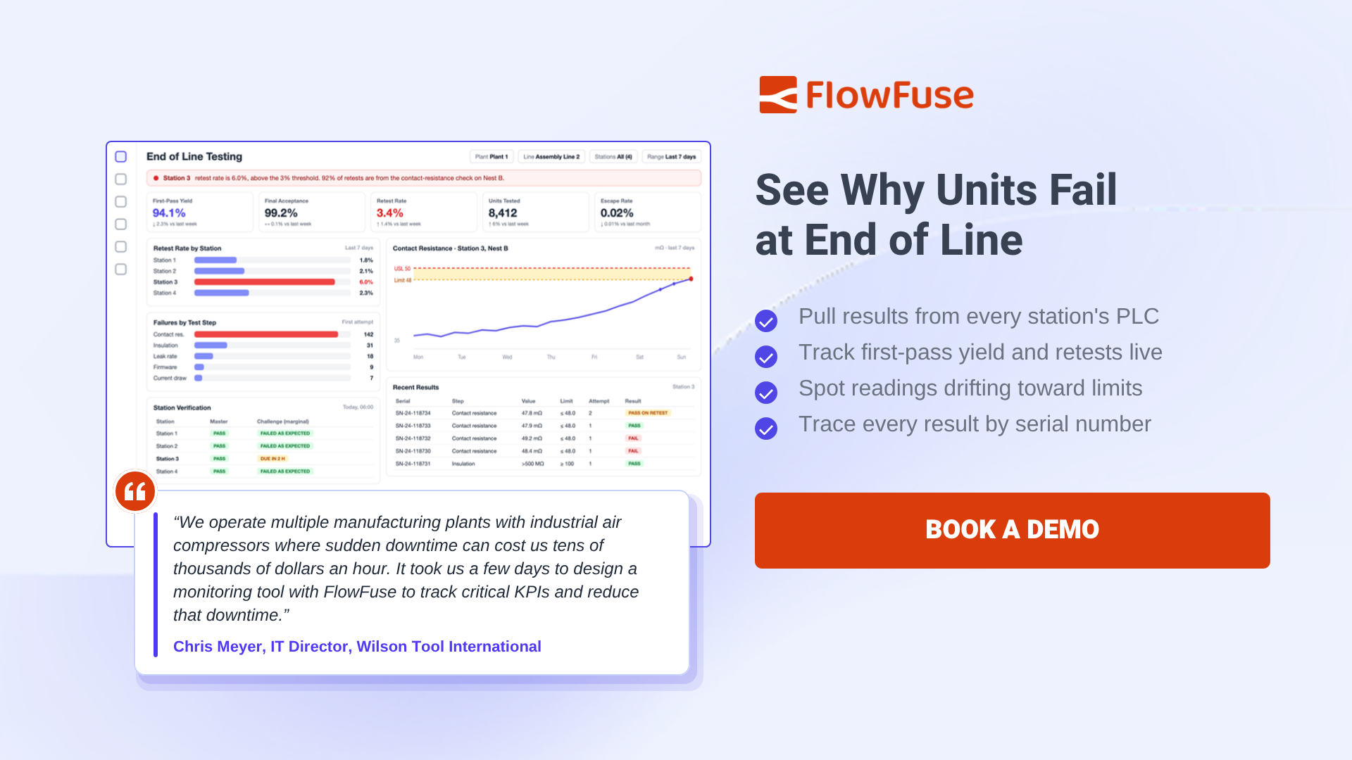 See why units fail at end of line: track first-pass yield, retests, and readings drifting toward limits for every station - book a FlowFuse demo